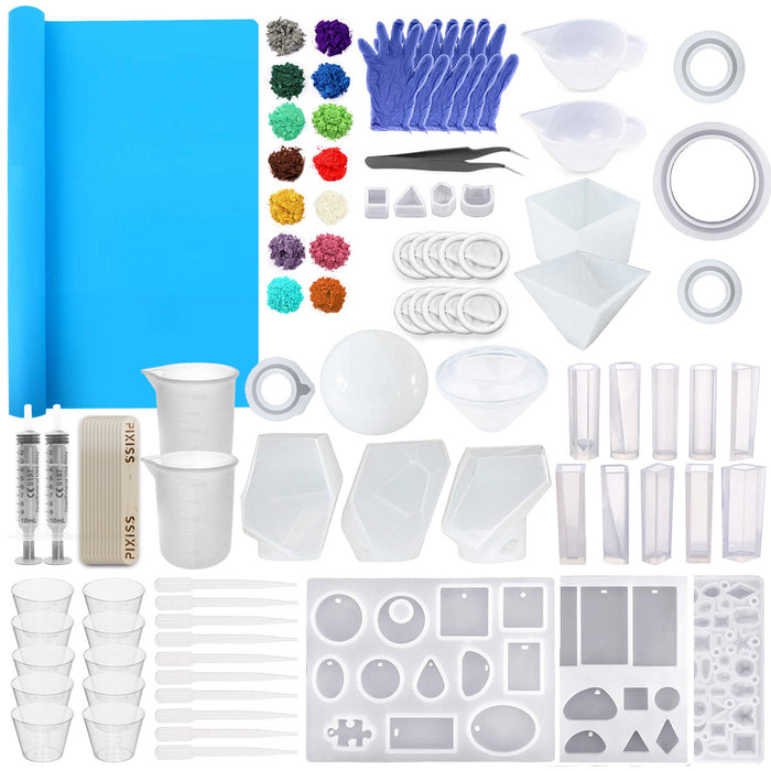 Pixiss Epoxy Resin Molds, Mixing Kit Supplies, 15 Resin Tinting Mica Powder Pigments; 106pc.