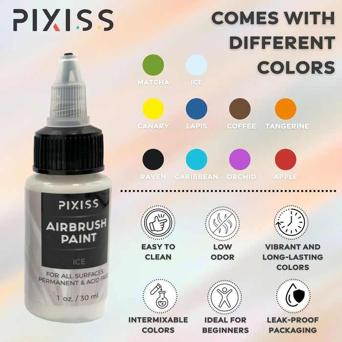 Pixiss Air Brush Painting Set with Airbrush Cleaner Pot and Brush Cleaner Fluid (4 fl oz) - 10 Colors of Acrylic Paint for Airbrush Kit with accessories for Model Paint Kit