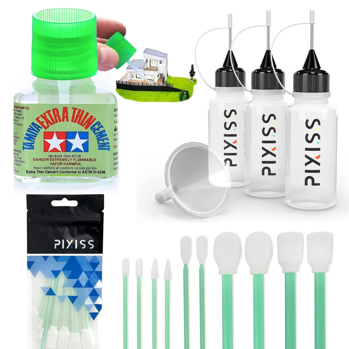 Tamiya Extra Thin Cement for Plastic Models with Pixiss Blending Swabs, 3 Needle Tip Squeeze Bottles, and Funnel - Model Glue for Miniatures, Model Cars