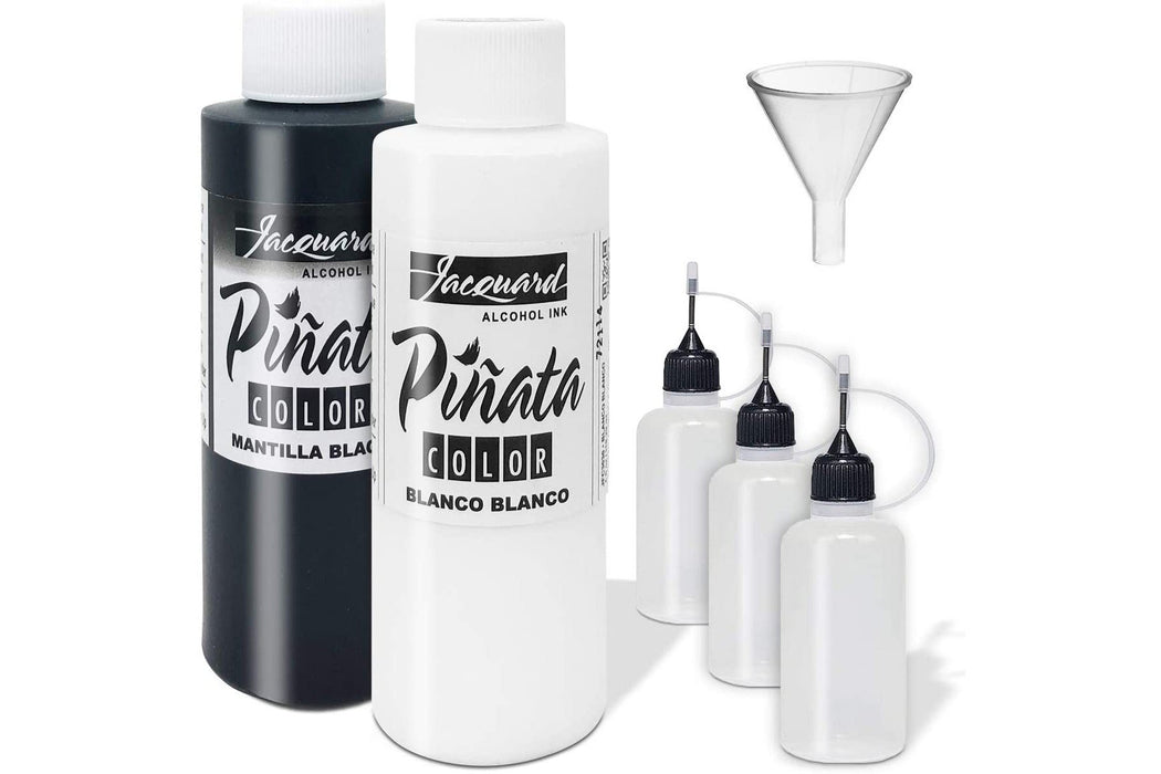 Jacquard Pinata Blanco White and Mantilla Black Alcohol Ink Colors (4-Ounce Bottles), 3 Pixiss 20ml Needle Tip Applicator and Refill Bottles and 1.5 inch Funnel Bundle for Yupo and Resin