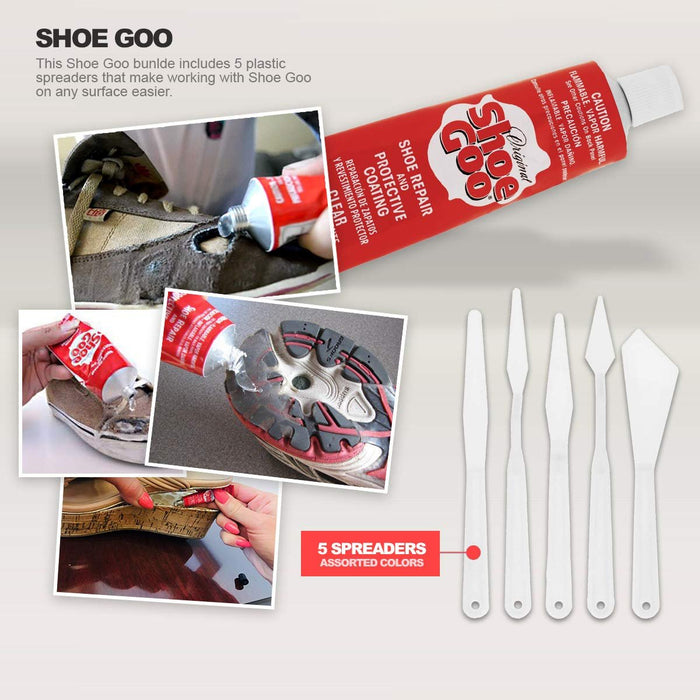 Shoe Goo Repair Adhesive for Fixing Worn Shoes or Boots, Clear, 3.7 Ounce (109.4mL), 4 Snip Tip Applicator Tips and Pixiss Spreader Tools Set.