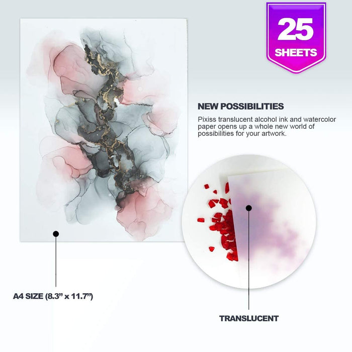 Translucent White Alcohol Ink Paper (25 Sheets) - Semi Transparent - Pixiss Heavy Weight Translucent Paper for Alcohol Ink & Watercolor, Synthetic Paper A4 8x12 Inches (210x297mm), 153gsm