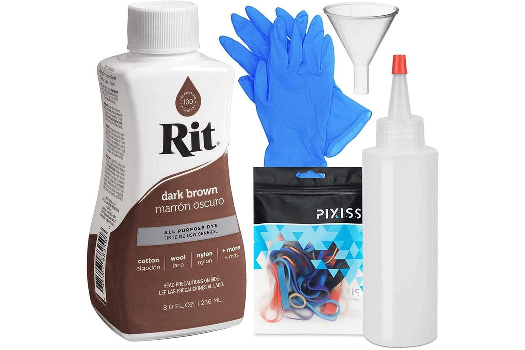 Rit Dye Liquid Dark Brown All-Purpose Dye (8oz) - Pixiss Tie Dye Kit and  Accessories Set Bundle with Rubber Bands, Gloves, Funnel and Squeeze Bottle  