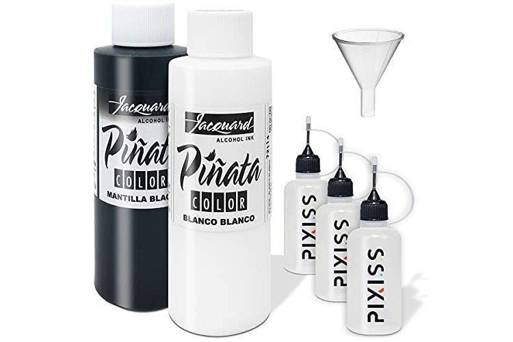 Jacquard Pinata Blanco White and Mantilla Black Colors (4-Ounce Bottles), 3 Pixiss 20ml Needle Tip Applicator and Refill Bottles and 1.5 inch Funnel Bundle for Yupo and Resin