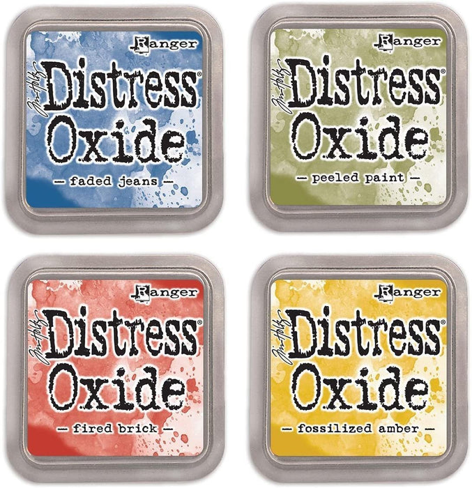 Ranger Tim Holtz Distress Oxide Bundle of 4 Ink Pads: Faded Jeans, Peeled Paint, Fired Brick, Fossilized Amber