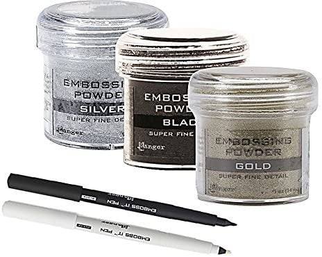 Embossing Kit - 3 Super Fine Embossing Powder with Two Inkssentials Stays on Ink Embossing Pen Black and Clear (Pen & Powder)