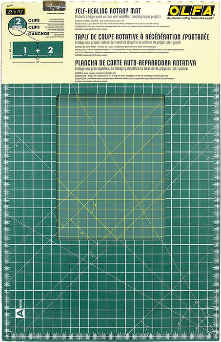 OLFA 23" x 70" Connecting Grid Rotary Cutting Mat Set (RM-CLIPS/2) - Self Healing Double Sided 23x70 Inch Cutting Mat with Grid for Fabric & Sewing, Designed for Use with Rotary Cutters (Green)