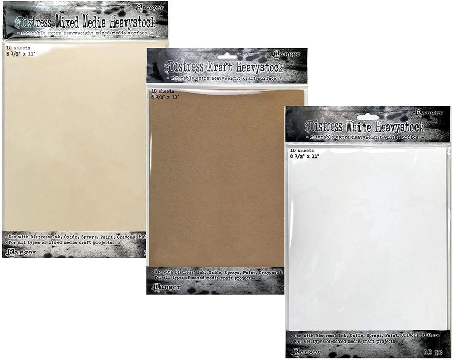 Tim Holtz Distress White, Kraft and Mixed Media Heavystock, 8 1/2x 11, Perfect for Use with Distress Ink, Oxide, Sprays, Paints, Crayons, Glaze & More, Bundle of 3 Packages, 10 Sheets Each, 30 Sheets