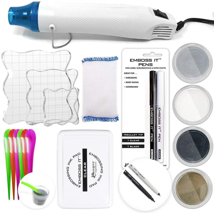 Embossing Kit with Heat Tool Bundle, Embossing Powder, Emboss-it Pens, Embossing Ink Pad, Embossing Magic Pad, 3X Acrylic Stamp Blocks, Craft Scoops