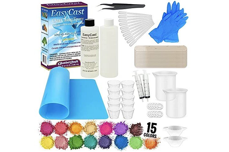 Easy Cast Clear Casting Epoxy Resin 8 Ounce Kit Castin Craft Casting Epoxy, Clear Glass Smooth, Pixiss 15 Colors Resin Tinting Mica Powders (Assorted Colors), Epoxy Resin Mixing Supplies