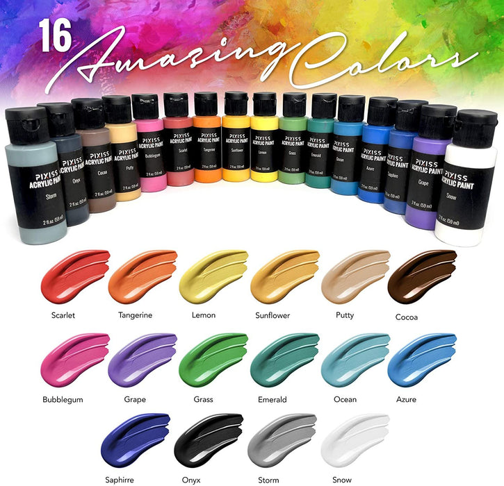 Acrylic Paint Pouring Kit - Floetrol Pouring Medium for Acrylic Paints, Cups, 16x 2-Ounce Acrylic Paints, 6x Canvases, Pixiss Acrylic Pouring Oil, Flower Strainer, Mixing Sticks, Complete Paint Pouring Kit