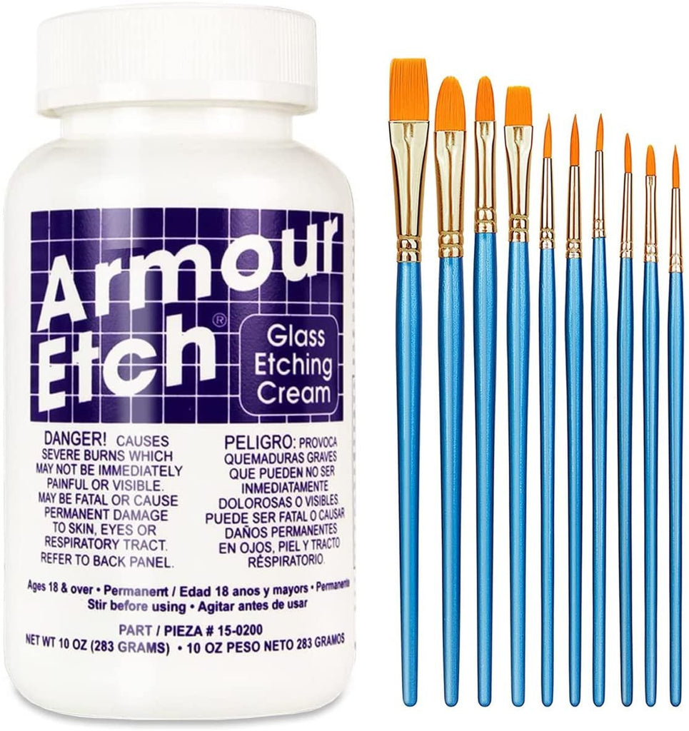 Armour Etch Etching Cream for Glass - Glass Etching Kit with 2.8oz Armour  Etch and 10 Pixiss Application Brushes