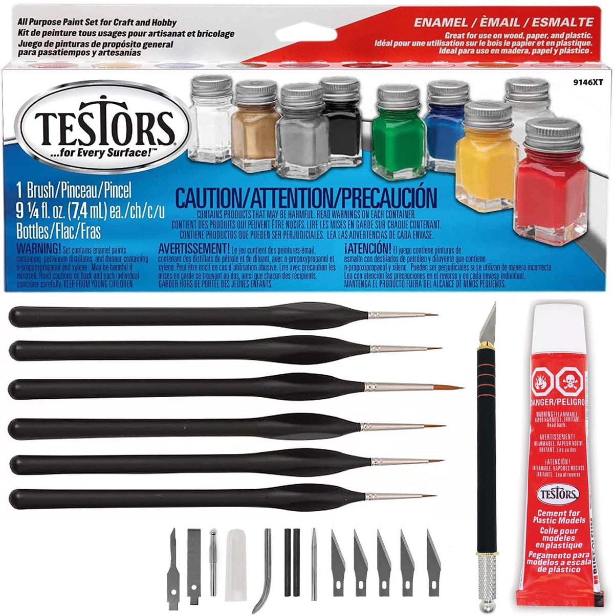 Testors Cement Plastic Model Glue Adhesive 2-Pack, 6 Fine Detail Miniatures  Paint Brushes, Precision Crafting Knife with Extra Blades and Tips 