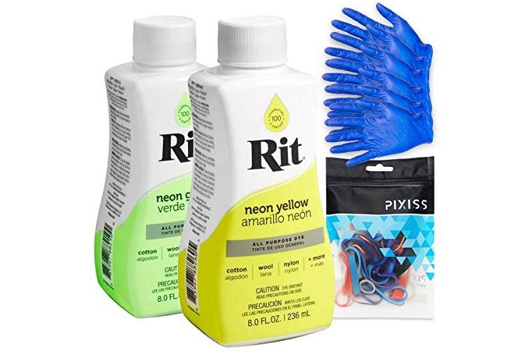 Rit Dye Liquid 2 Pack Bundle Neon Green and Neon Yellow with Gloves and Rubber Bands