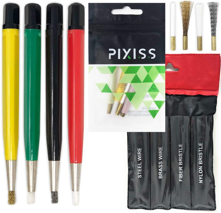 Pixiss Scratch Brush Pen Set With Replacement Tips, Fiberglass, Steel, Brass, Nylon, 5-inches Pen Style Prep Sanding Brush 4-Pack For Corrosion, Rust, Jewelry, Circuit Boards and Auto Body Work
