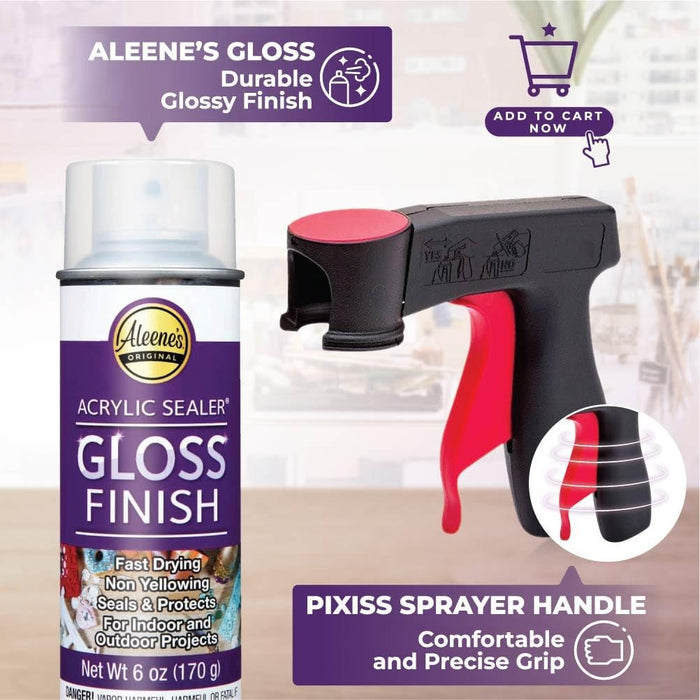 Aleene's Gloss Acrylic Sealer Spray (2-pack, 6oz.) with Attachable Spray Can Nozzle Handle - Sprayer and 2 Cans of Gloss Finish for Acrylic Painting - Clear, Glossy, Water Proof Spray Sealant