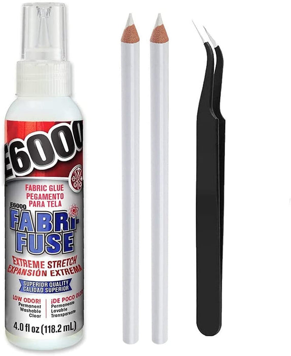 E6000 Glue Fabri-Fuse Fabric Glue Adhesive - 4 fl oz Shelf Bottle - with Pixiss Accessories Needle Tip Tweezers, and 2 Jewel Picker Pencils