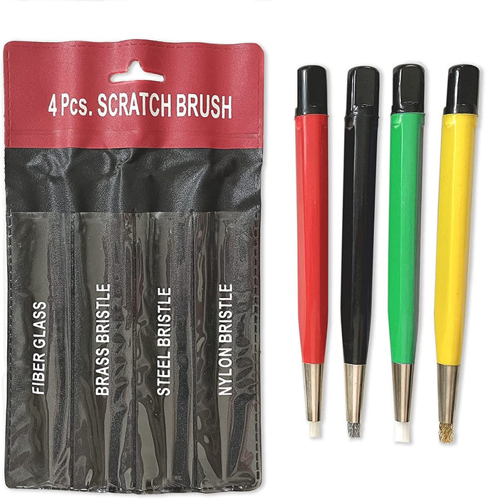 Pixiss Scratch Brush Pen Set, Fiberglass, Steel, Brass, Nylon, 5-inches Pen Style Prep Sanding Brush 4-Pack for Removing Corrosion and Rust, Jewelry, Electrical Circuit Boards and Auto Body Work