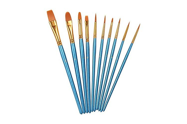 Pixiss Acrylic Paint Brush 10 Piece Set, Nylon Hair Brushes for All Purpose Oil Watercolor Painting Artist Professional Kits