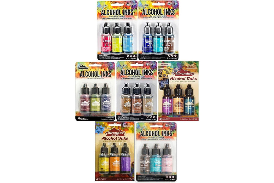 Tim Holtz Adirondack Alcohol Inks - 7 Packages - 21 Ink Bottles total Dockside Picnic, Summit View, Retro Cafe, Nature Walk, Cabin Cupboard, Mariners, Farmer's Market
