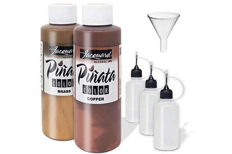 Jacquard Pinata Metals Bundle - Brass and Copper Colors (4-Ounce Bottles), 3 Pixiss 20ml Needle Tip Applicator and Refill Bottles and 1.5 inch Funnel Bundle for Yupo and Resin