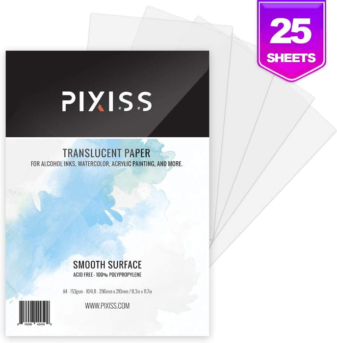 Translucent White Alcohol Ink Paper (25 Sheets) - Semi Transparent - Pixiss Heavy Weight Translucent Paper for Alcohol Ink & Watercolor, Synthetic Paper A4 8x12 Inches (210x297mm), 153gsm