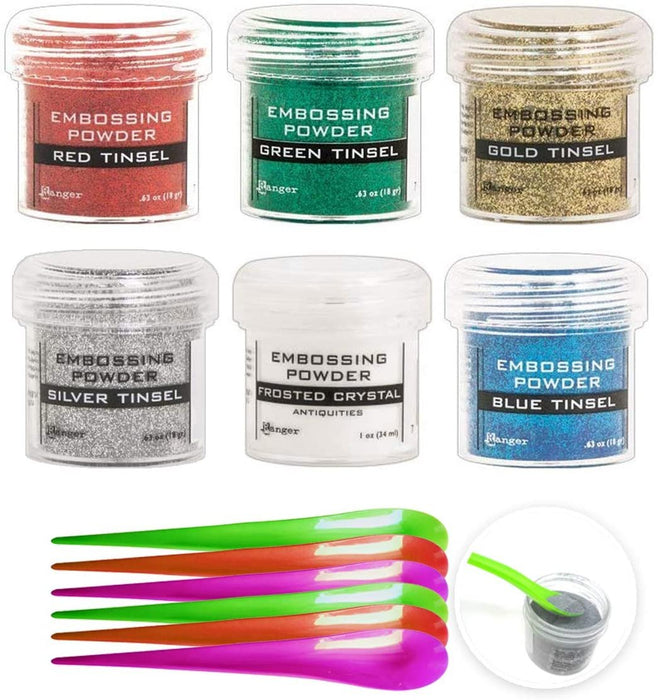 Ranger Embossing Powder Bundle, Red Tinsel, Green Tinsel, Gold Tinsel, Silver Tinsel, Frosted Crystal and Blue Tinsel and 6X Pixiss Craft Spoons