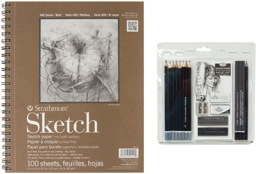 Royal & Langnickel Essentials Sketching Pencil Set, 21-Piece with Strathmore Series 400 Sketch Pads 9 in. x 12 in. - pad of 100