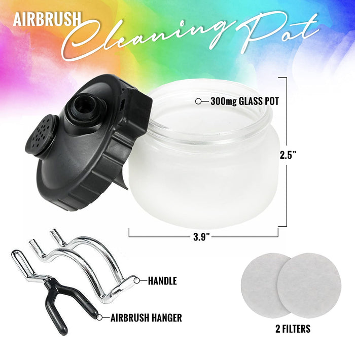 Airbrush Cleaning Kit, Pixiss Glass Cleaning Pot Jar with Holder, 5pc Cleaning Needles, 5pc Cleaning Brushes, 1 Wash Needle, 2 Extra Filters