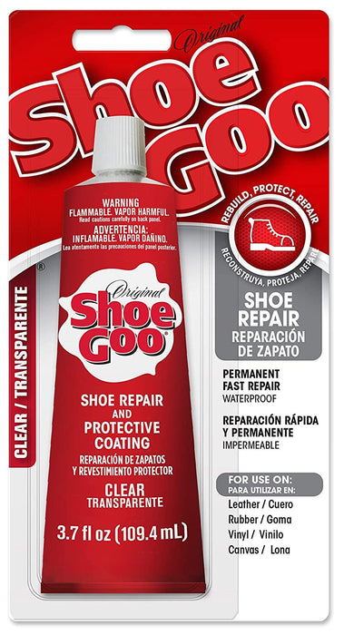 Shoe Goo Repair Adhesive for Fixing Worn Shoes or Boots, Clear, 3.7 Ounce (109.4mL), 4 Snip Tip Applicator Tips and Pixiss Spreader Tools Set.