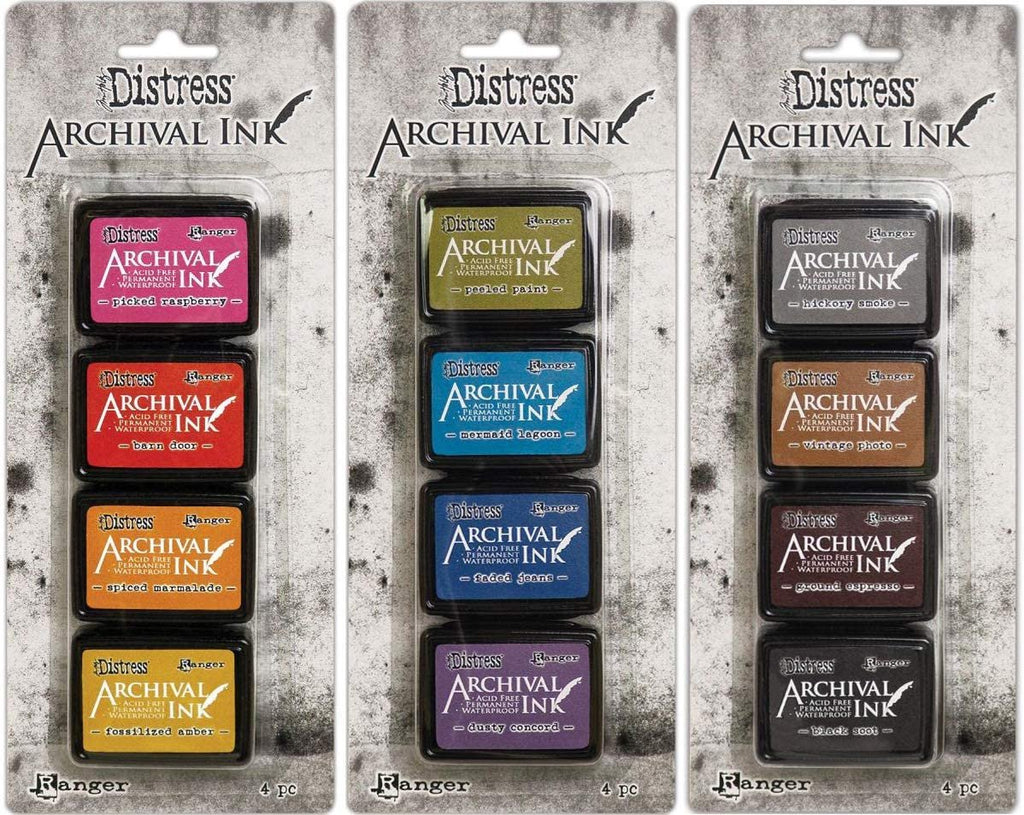 Tim Holtz Distress Archival Mini Ink Kits - Kit #1, Kit #2 and Kit #3 - 12  Mini Ink Pads - 3 Item Bundle