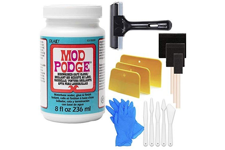 Dishwasher Safe Mod Podge (8-ounce) Waterproof Decoupage Glue with Pixiss Accessories Kit - Includes Spreaders, Gloves, and Foam Brushes - Dries