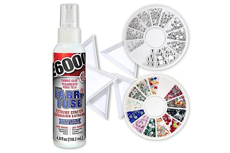 E6000 Glue Fabri-Fuse Fabric Glue Adhesive - 4 fl oz Shelf Bottle - with Pixiss Accessories Gem Trays, Gems and Rhinestones for Fabric Styling