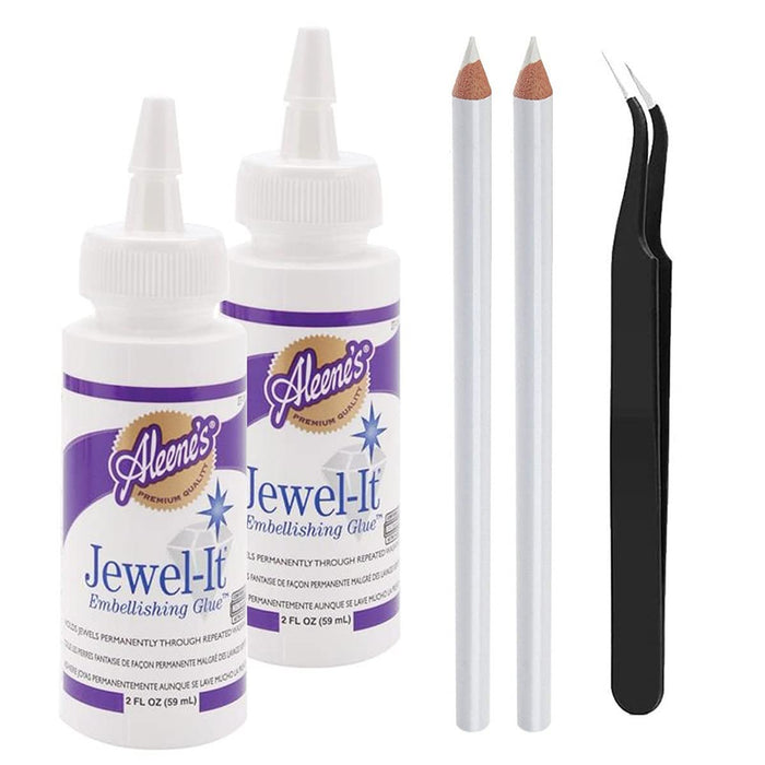 Jewel-It Embellishing Glue 2oz (2 Pack) Fabric Glue and Adhesive with Pixiss Accessories Needle Tip Tweezers, and 2 Jewel Picker Pencils