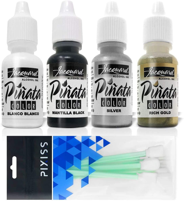 Jacquard Pinata Alcohol Inks 4 Pack Bundle, Blanco, Silver, Rich Gold, Mantilla Black and 10x Pixiss Ink Blending Tools