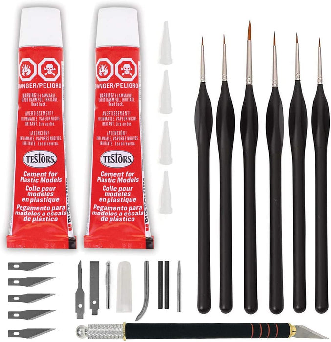 Testors Cement Plastic Model Glue Adhesive 2-Pack, 6 Fine Detail Miniatures Paint Brushes, Precision Crafting Knife with Extra Blades and Tips