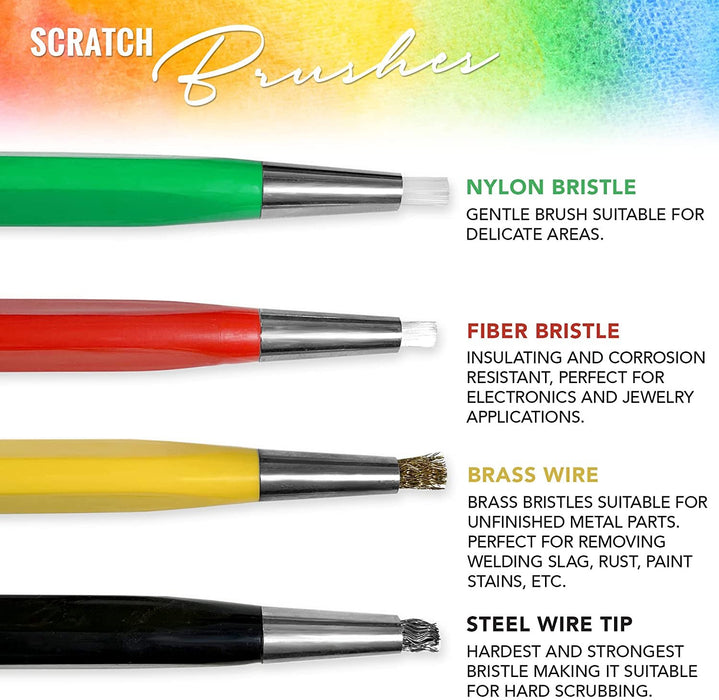 Pixiss Scratch Brush Pen Set, Fiberglass, Steel, Brass, Nylon, 5-inches Pen Style Prep Sanding Brush 4-Pack for Removing Corrosion and Rust, Jewelry, Electrical Circuit Boards and Auto Body Work