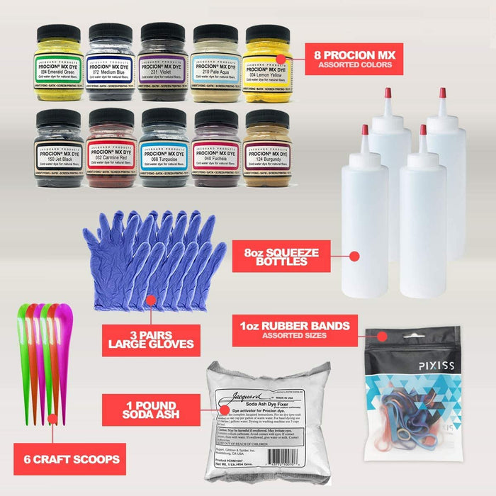 10x Jacquard Procion MX Bundle Fiber Reactive Dye, Jacquard Soda Ash 1-Pound,3 Pairs of Pixiss Latex Gloves, 1-Ounce Assorted Sizes Rubber Bands, 4X 8-Ounce Squeeze Bottles, 6 Craft Spoons Scoops