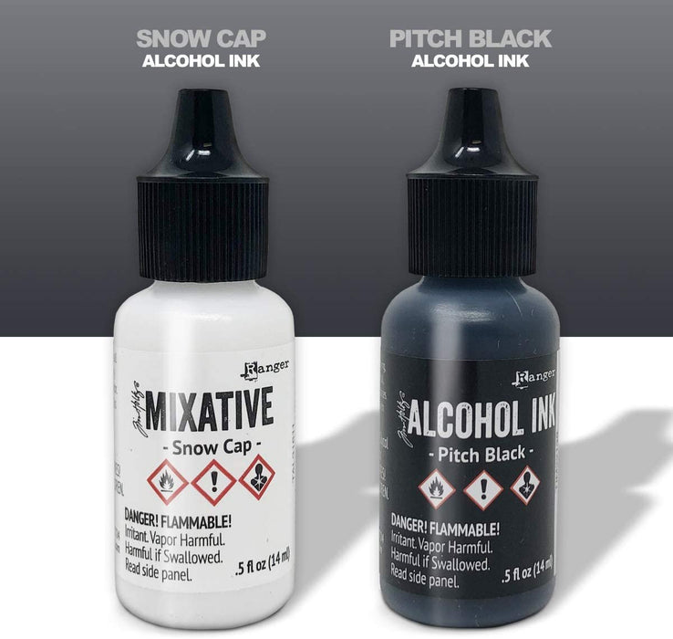 Black and White Alcohol Ink Set | Tim Holtz Ranger .5oz Snow Cap and Pitch Black Alcohol Ink with Pixiss Alcohol Ink Blending Tools