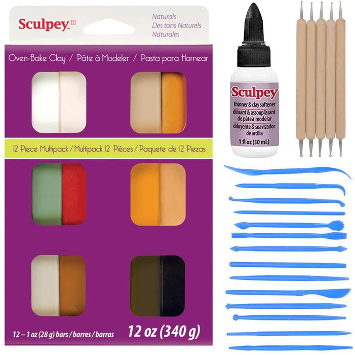 Sculpey III Naturals Collection Clay, 12x 1-Ounce Bars, Sculpey Liquid Clay Softener, 19 Pixiss Clay Sculpting and Carving Tools