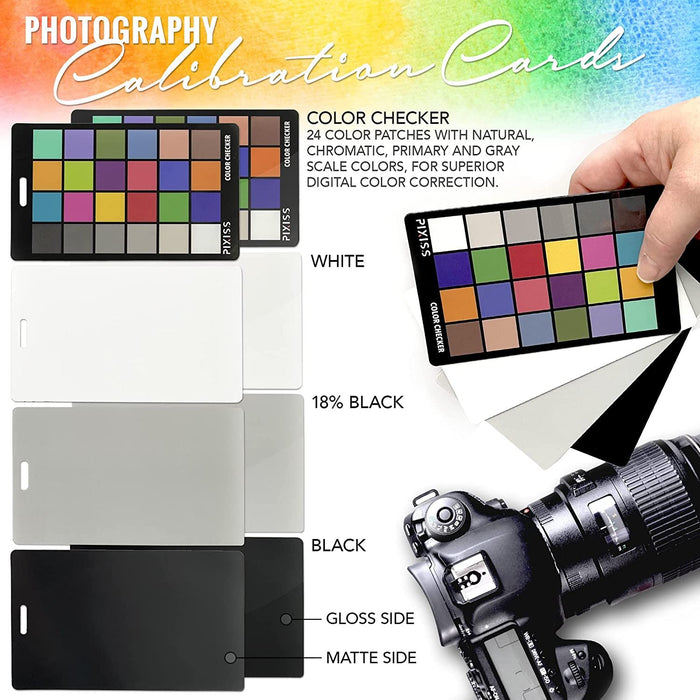 Camera Color Correction White Balance Card, 4In1 Color Correction Card Set by Pixiss, 18% Gray, Black, All in Glossy and Matte, Premium Exposure Card Set with Free Camera Lens Micro Fiber Cloth