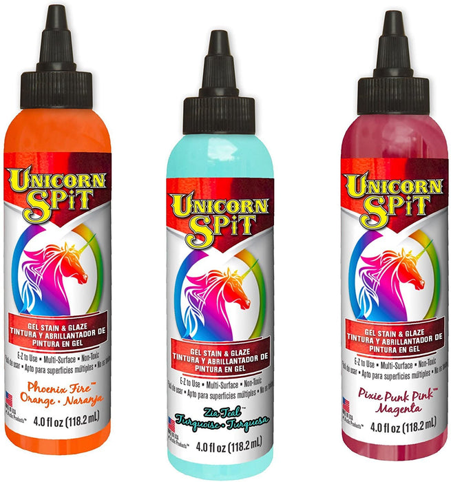 Unicorn Spit - Gel Stain & Glaze Paint in One, Phoenix Fire, Pixie Punk Pink and Zia Teal, 4 oz
