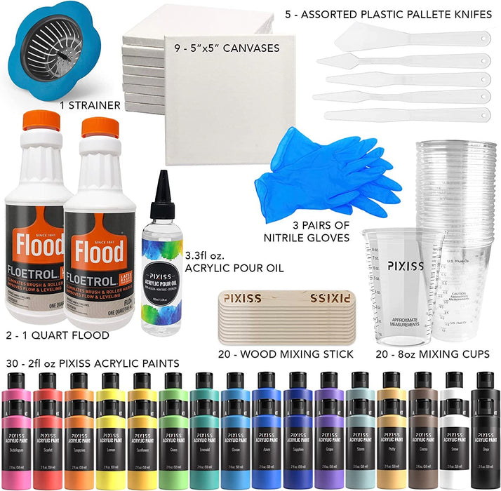 Acrylic Paint Pouring Kit - Floetrol Pouring Medium for Acrylic Paints, Cups, 16x 2-Ounce Acrylic Paints, 6x Canvases, Pixiss Acrylic Pouring Oil, Flower Strainer, Mixing Sticks, Complete Paint Pouring Kit