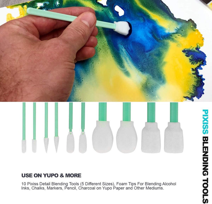 10 Pixiss Detail Alcohol Ink Blending Tools (5 Different Sizes), Foam Tips for Blending Inks, Chalks, Markers, Pencil, Charcoal on Yupo Paper and Other Mediums