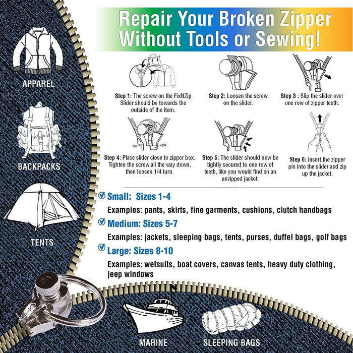 FixnZip 3 Pack Nickel Instant Zipper Replacement, Combo Pack (S,M