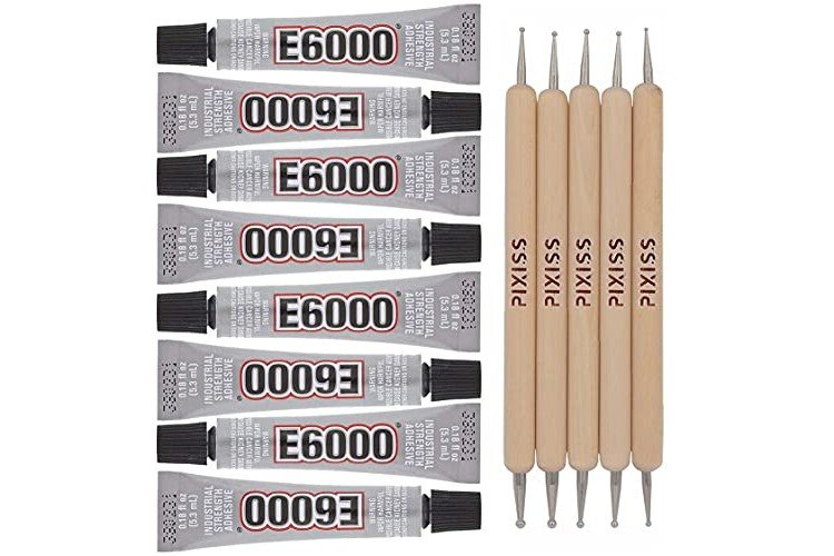 E6000 8-Pack 0.18 Ounce Bottles Industrial Strength Adhesive for Crafting and Pixiss Wooden Art Dotting Stylus Pens 5 pcs Set - Rhinestone Applicator Application Kit