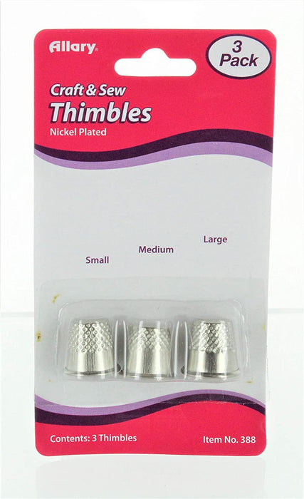 Allary Craft & Sew ASSORTED THIMBLES Pack Small, Medium & Large Sizes (1 of Each Size) (NICKEL PLATED Metal Thimbles)