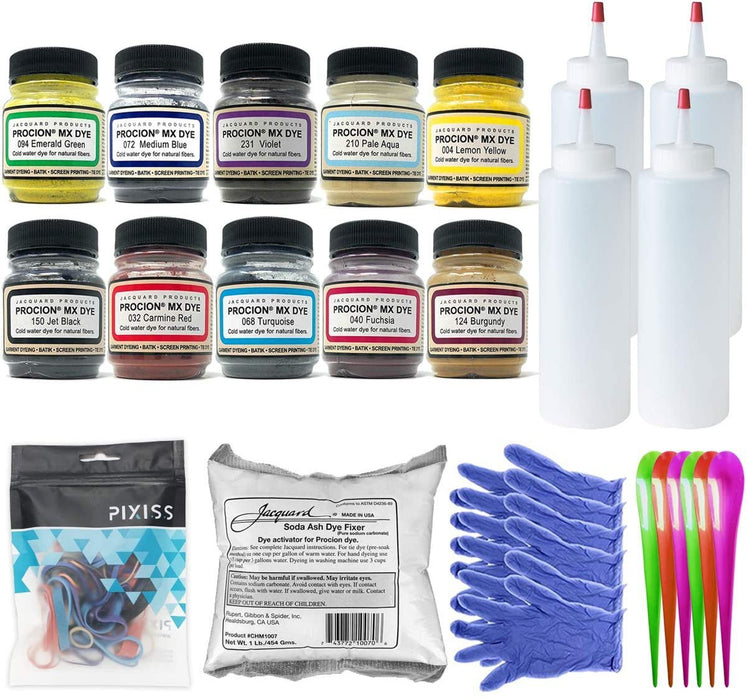 10x Jacquard Procion MX Bundle Fiber Reactive Dye, Jacquard Soda Ash 1-Pound,3 Pairs of Pixiss Latex Gloves, 1-Ounce Assorted Sizes Rubber Bands, 4X 8-Ounce Squeeze Bottles, 6 Craft Spoons Scoops