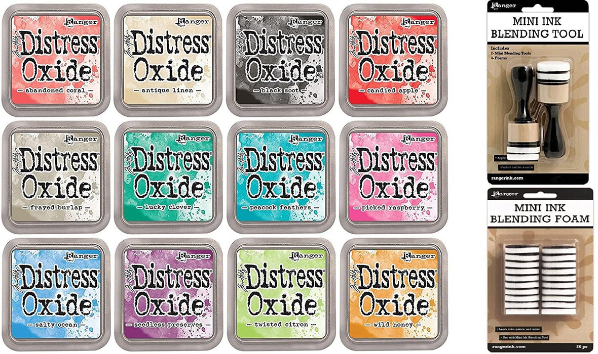 Tim Holtz Distress Oxide Ink Pads Set of 12 and Mini Ink Blending Tools Round with Replacement Foams