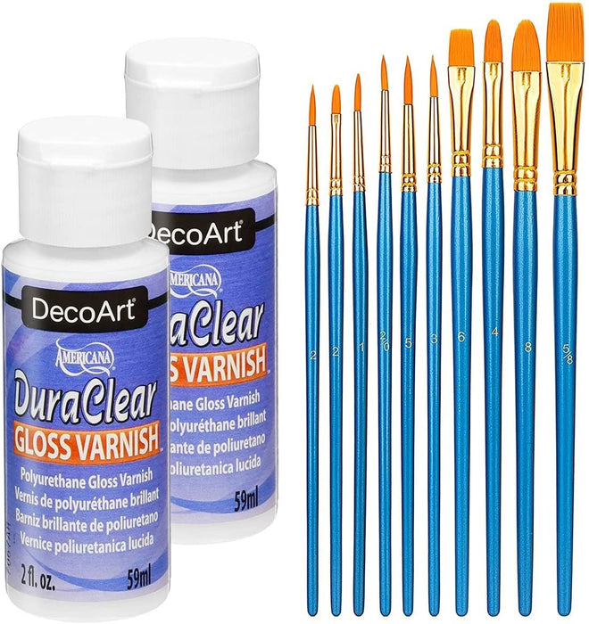 DecoArt American DuraClear Gloss Varnishes and Sealer, 2X 2-Ounce, 10 Piece Brush Set